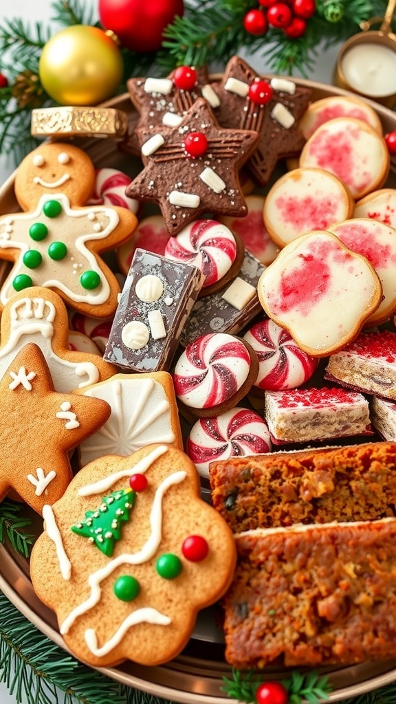 Delicious Christmas Treats for Baking A colorful assortment of Christmas treats including gingerbread cookies, peppermint bark, and fruitcake on a festive platter.